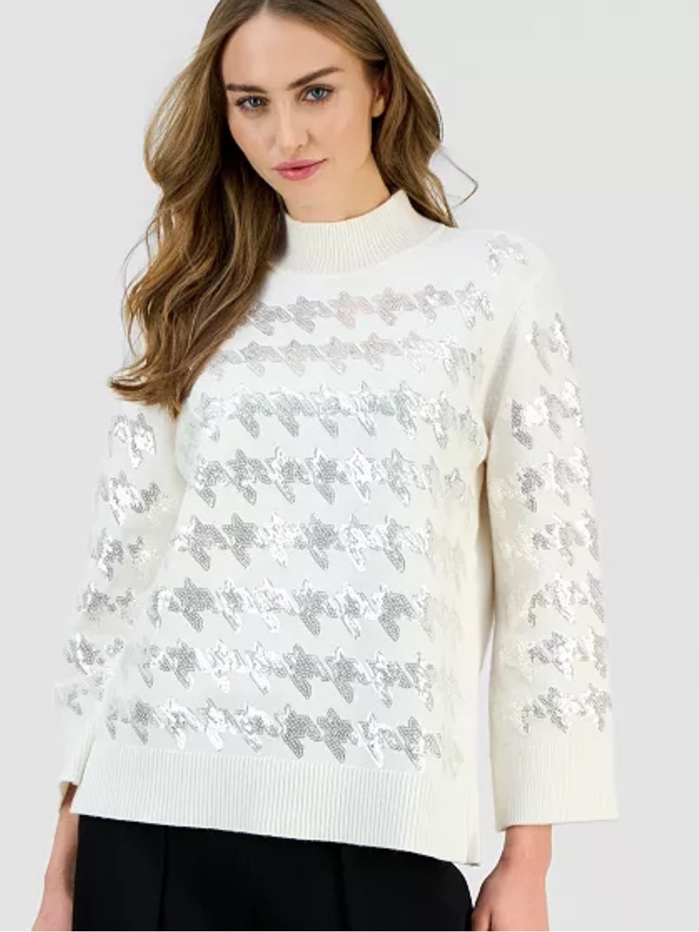 NWT Sz L Anne Klein White Houndstooth Silver Sequin Mock-Neck Sweater